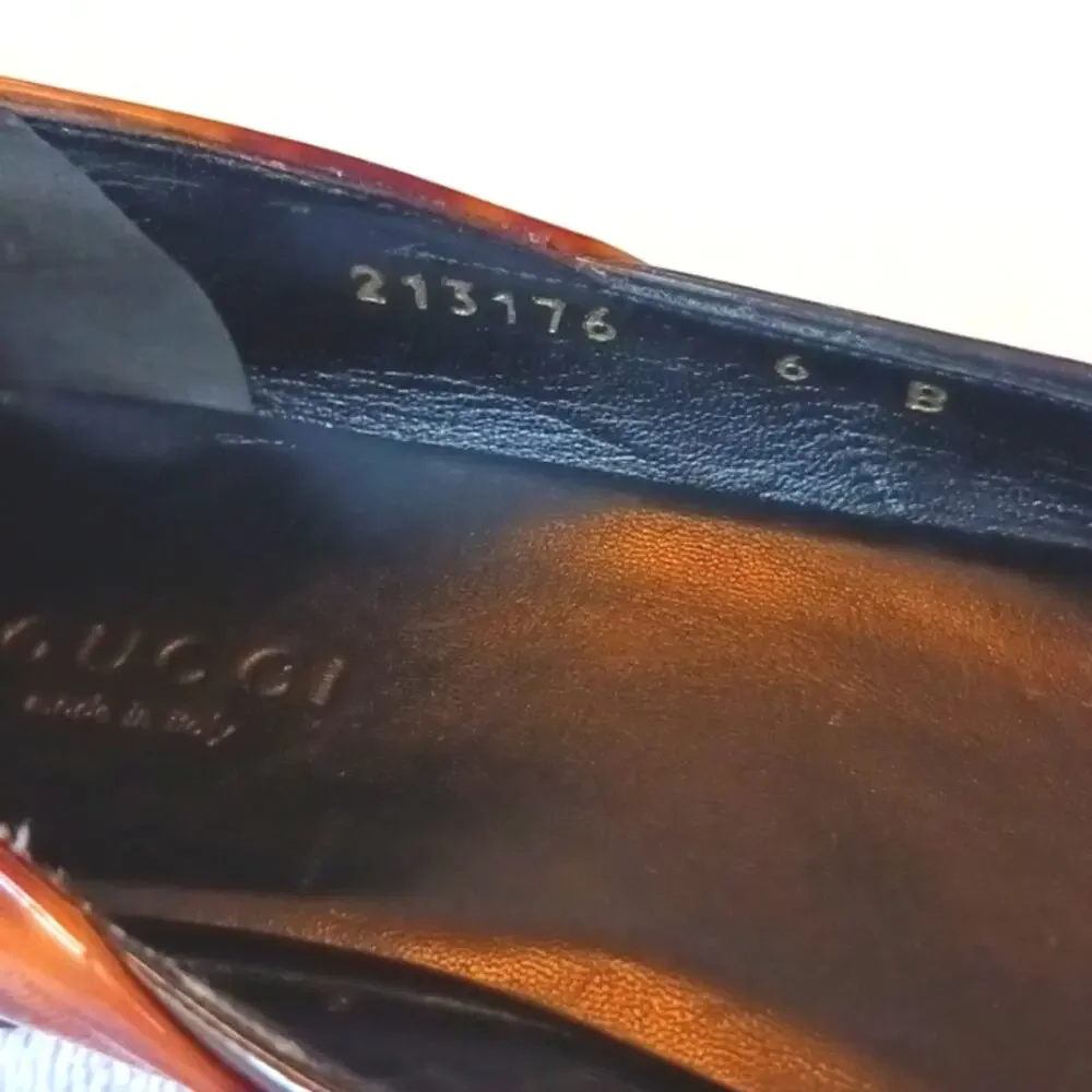 GUCCI Patent Leather Leopard Flats 6B Orange Brown Animal Print Open Toe Vintage